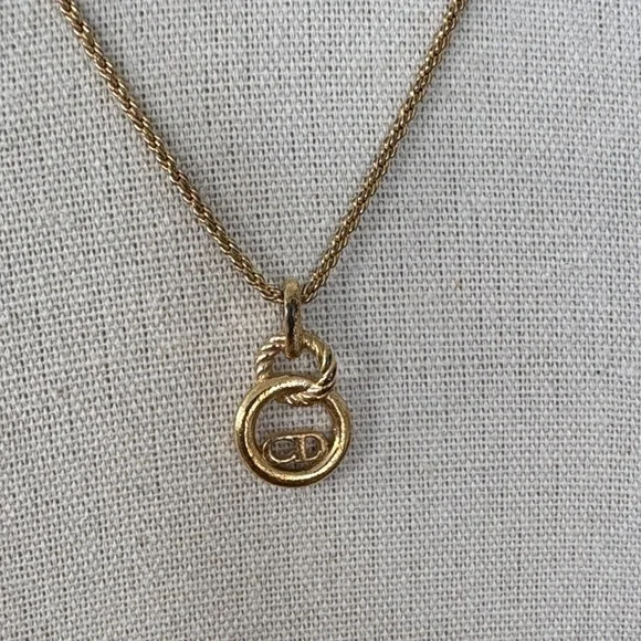 Christian Dior CD Circle Logo Pendant Necklace Gold Rope Chain 15.5-17.5" - Picture 7 of 13